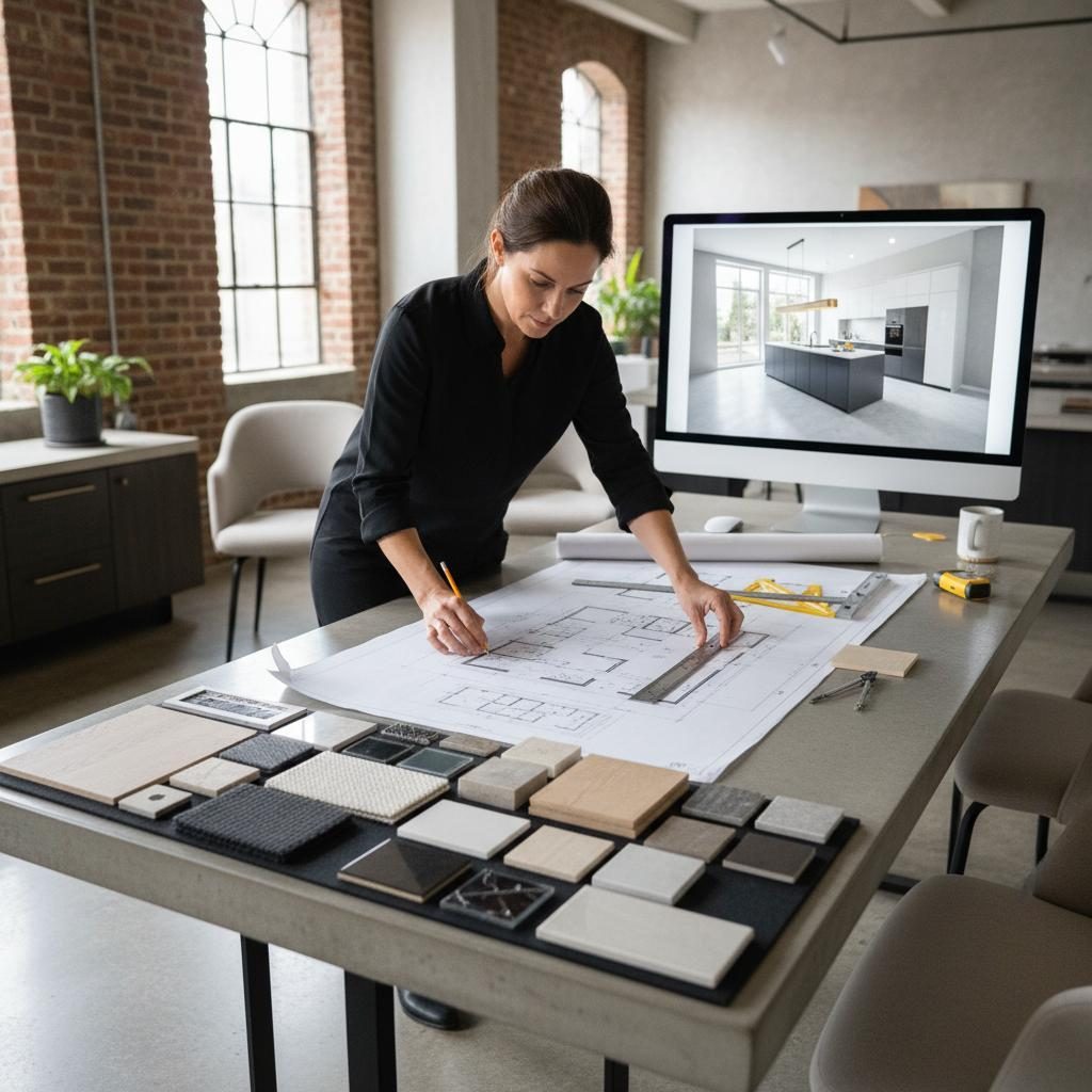 Interior designer working with material samples floor plan and 3D visualization on screen
