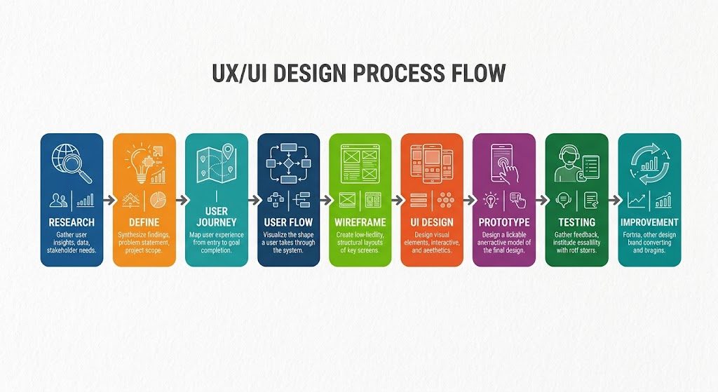 UX UI design process flow diagram: research, define, user journey, user flow, wireframe, UI design, prototype, testing, improvement