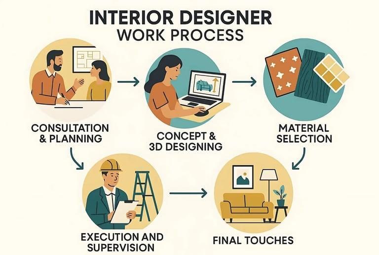 Interior designer work process illustration: consultation, concept and 3D designing, material selection, execution, final touches