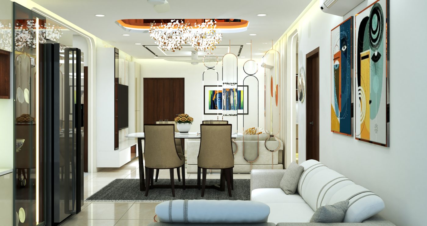 Real interior design project living and dining room with custom lighting and artwork