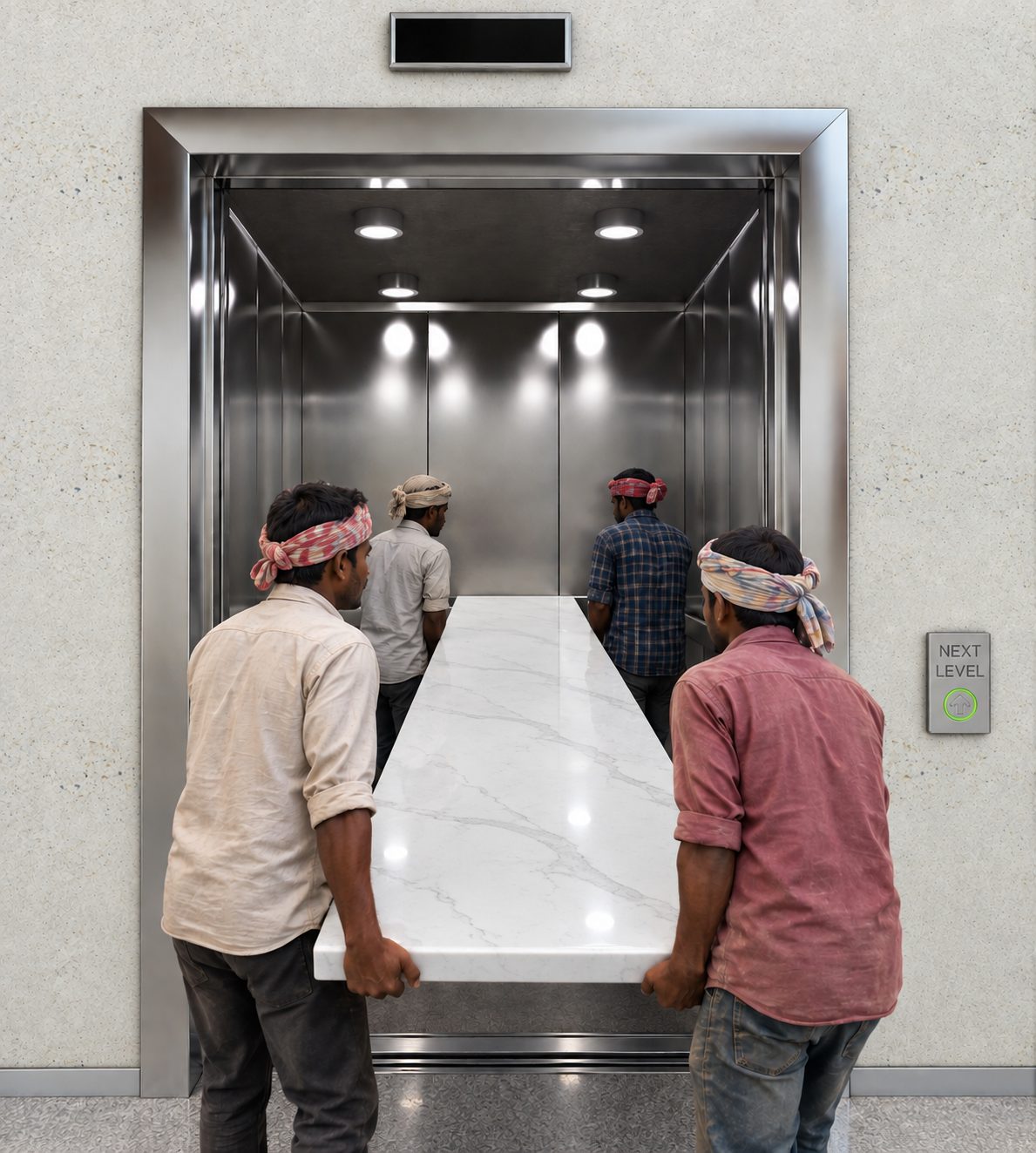 Workers carrying a large marble countertop into a building service lift
