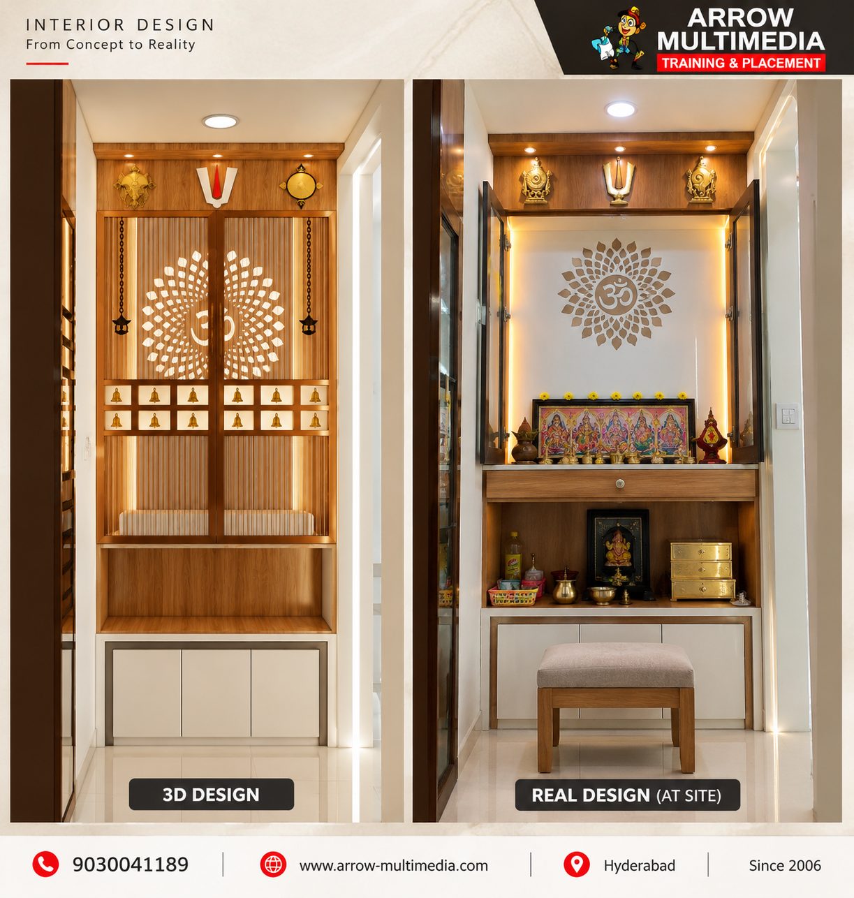 Pooja room 3D design compared to real design at site with seating and lighting changes