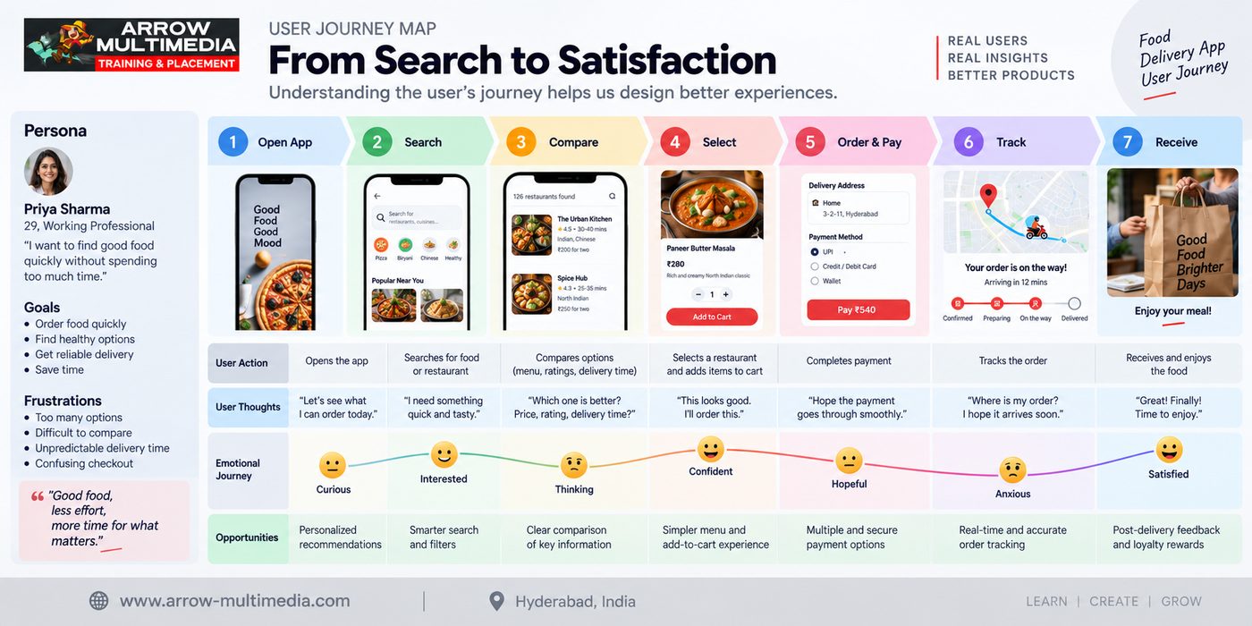 User journey map from search to satisfaction for food delivery app UX case study