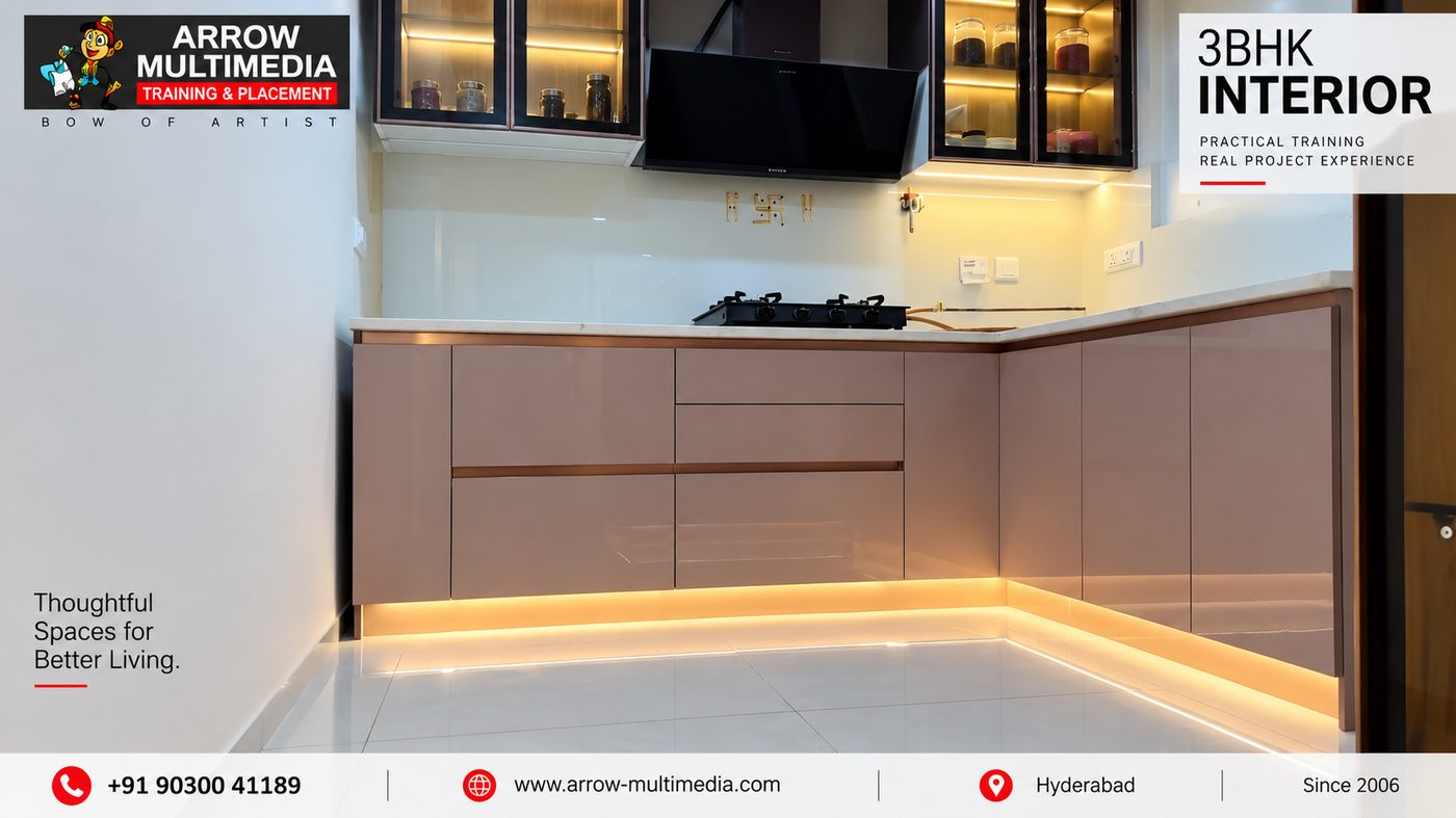 Completed kitchen interior with Vastu compliant 2 inch gap and under cabinet lighting