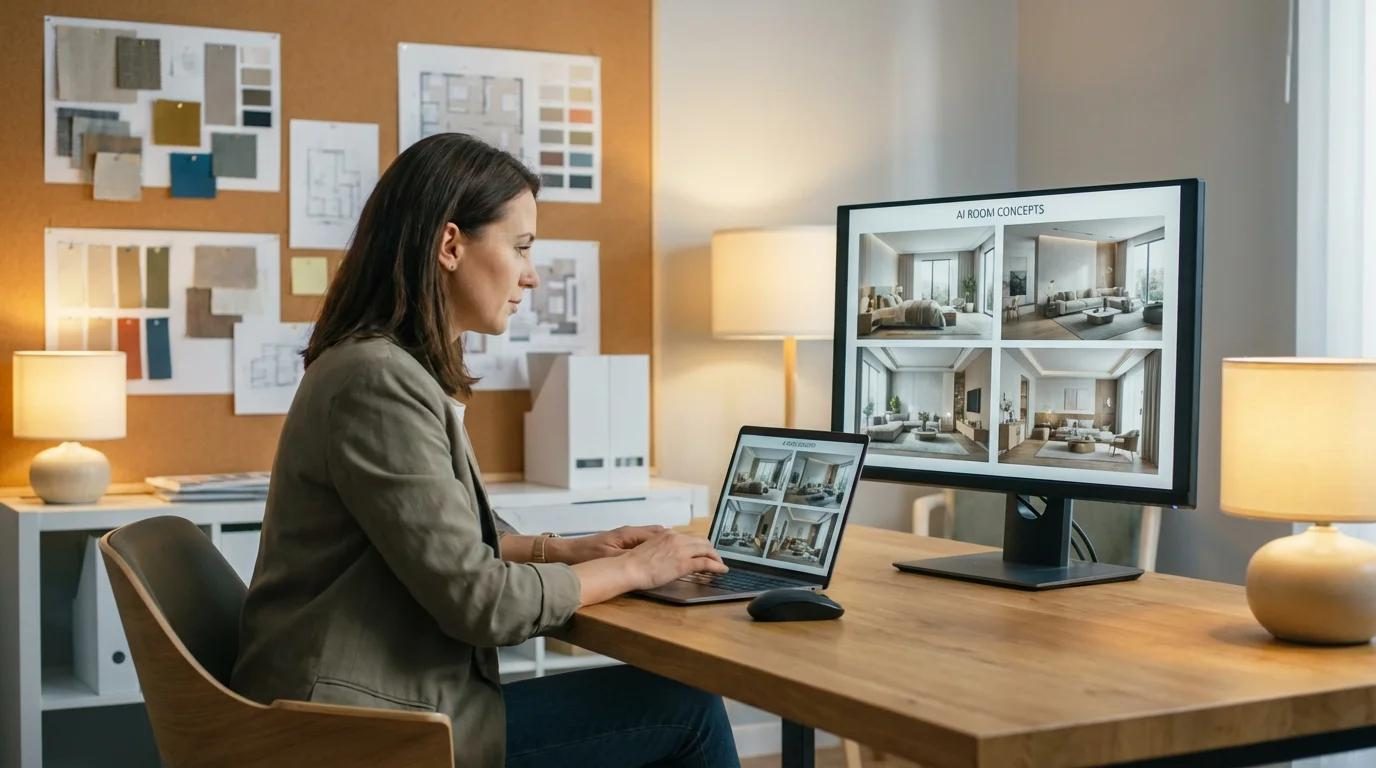 Interior designer reviewing AI generated room concepts on laptop and monitor