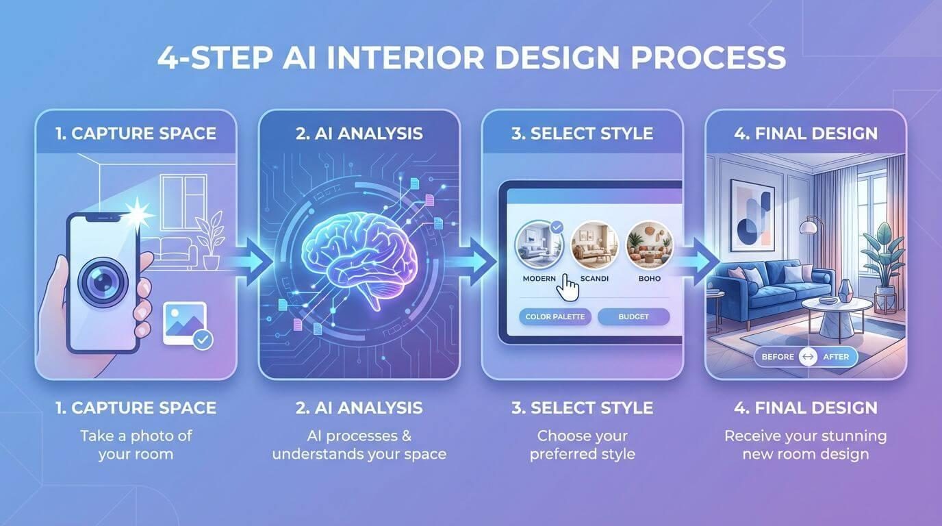 Four step AI interior design process: capture space, AI analysis, select style, final design