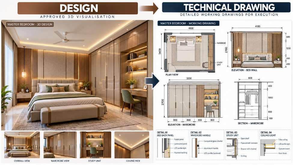 Approved 3D design converted into technical working drawings