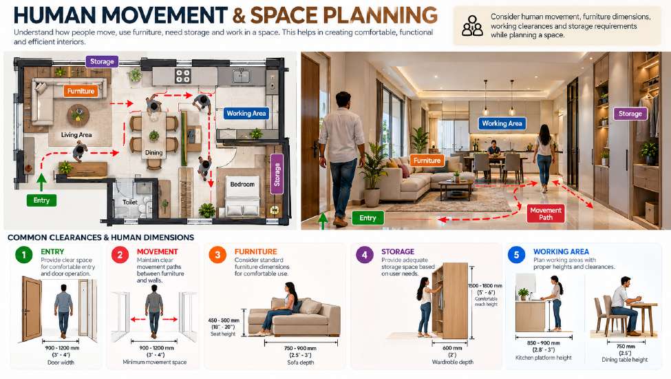 Human movement and space planning with common clearances