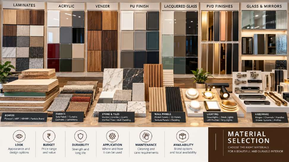 Interior material selection – laminates, acrylic, veneer, PU, glass, hardware
